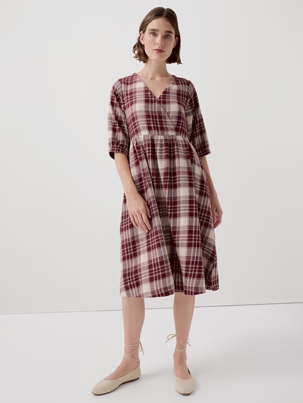 NWOT Pact Organic Cotton Fireside Flannel Crossover Dress - Pomegranate Plaid S